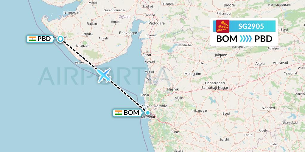 SG2905 SpiceJet Flight Map: Mumbai to Porbandar
