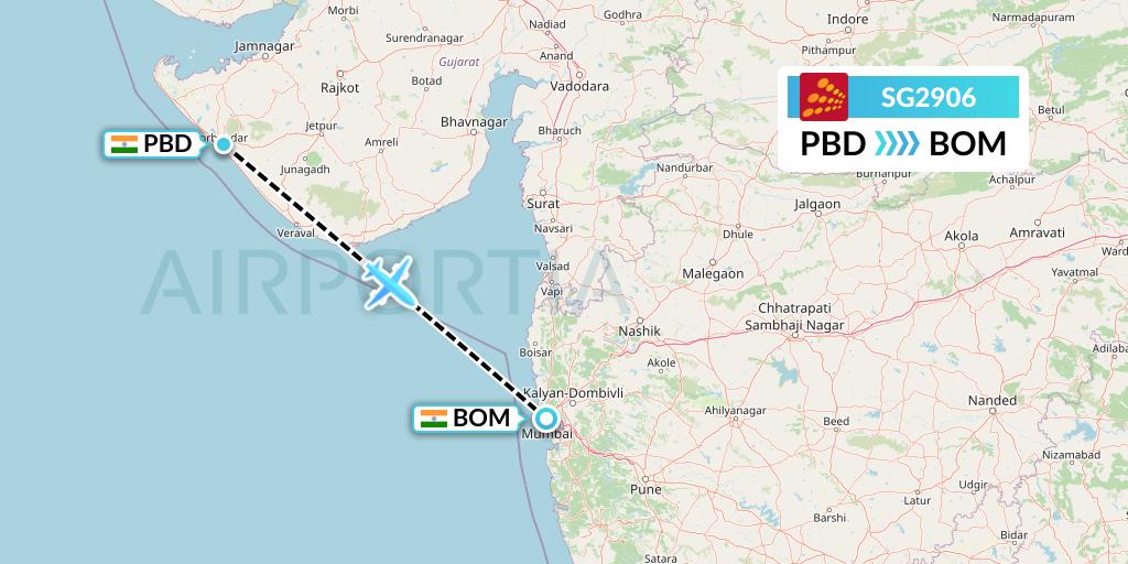 SG2906 SpiceJet Flight Map: Porbandar to Mumbai