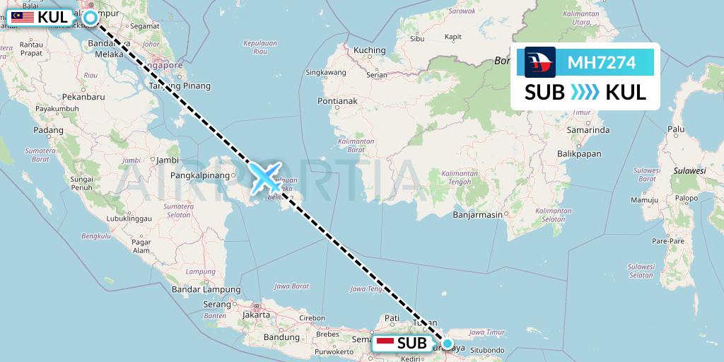 MH7274 Malaysia Airlines Flight Map: Surabaya to Kuala Lumpur