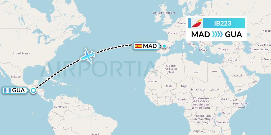 IB223 Iberia Flight Map: Madrid to Guatemala City