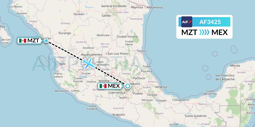 AF3425 Air France Flight Map: Mazatlan to Mexico City