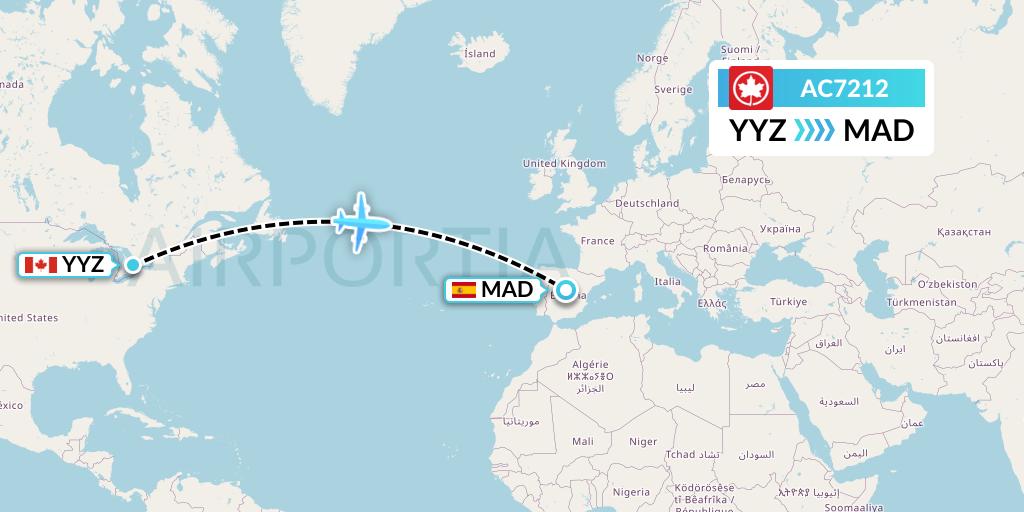 AC7212 Air Canada Flight Map: Toronto to Madrid