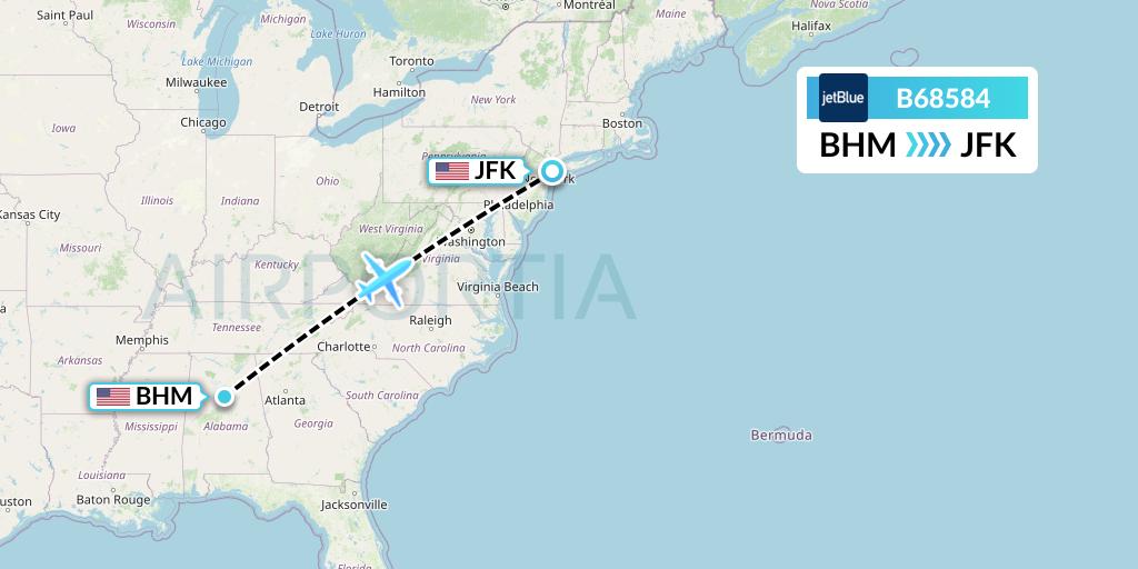 B68584 JetBlue Airways Flight Map: Birmingham to New York