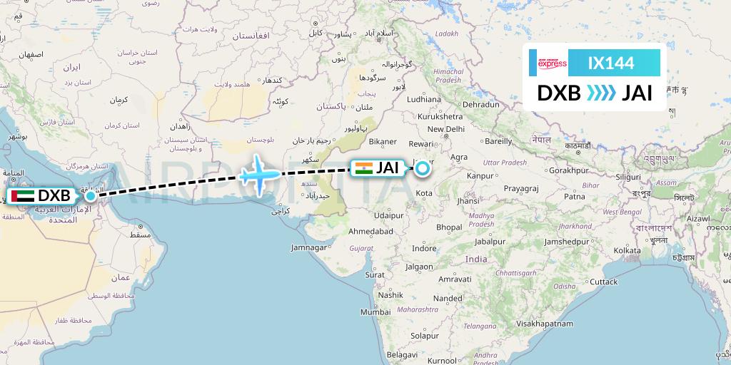 IX144 Air India Express Flight Map: Dubai to Jaipur