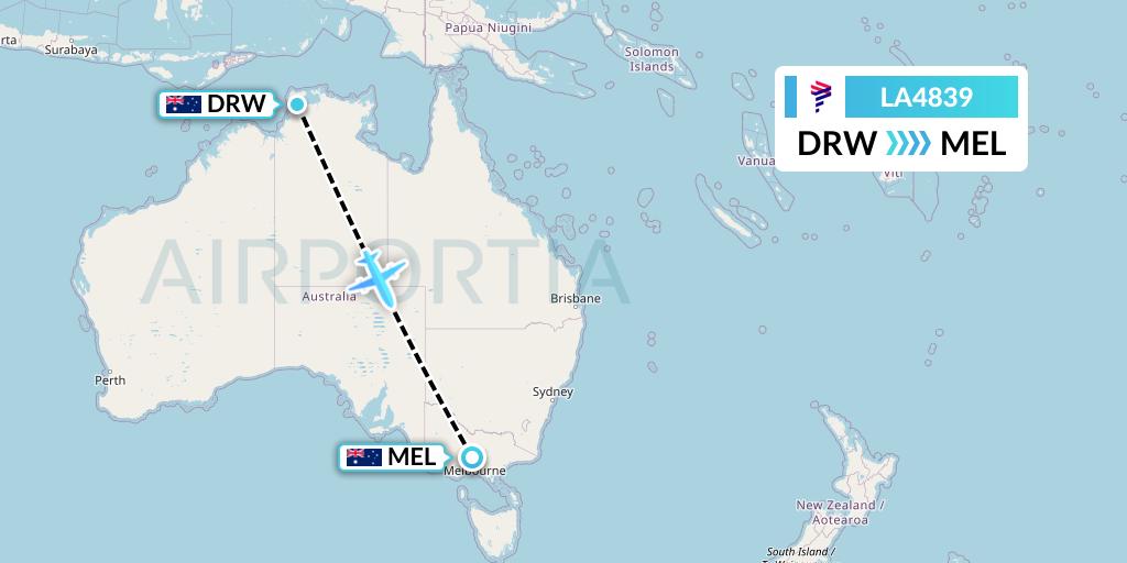 LA4839 LAN Airlines Flight Map: Darwin to Melbourne