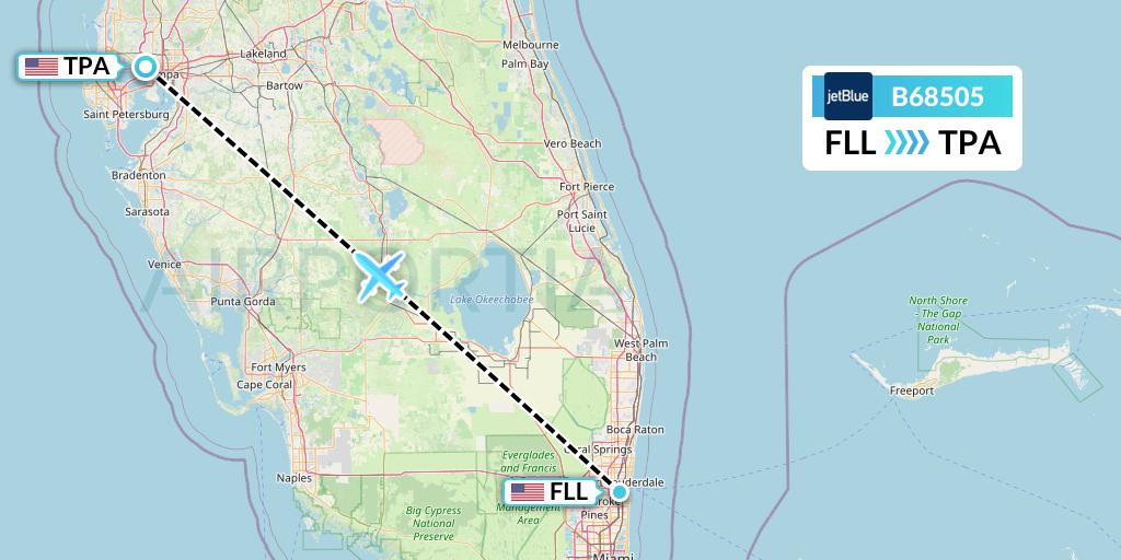 B68505 JetBlue Airways Flight Map: Fort Lauderdale to Tampa