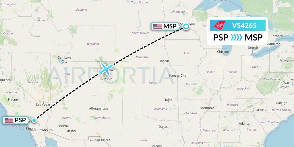 VS4265 Virgin Atlantic Airways Flight Map: Palm Springs to Minneapolis