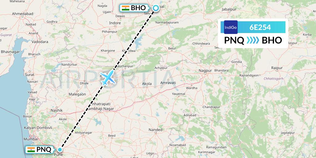 6E254 IndiGo Airlines Flight Map: Pune to Bhopal