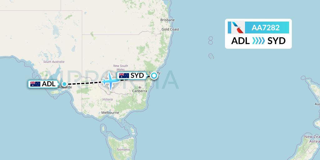 AA7282 American Airlines Flight Map: Adelaide to Sydney