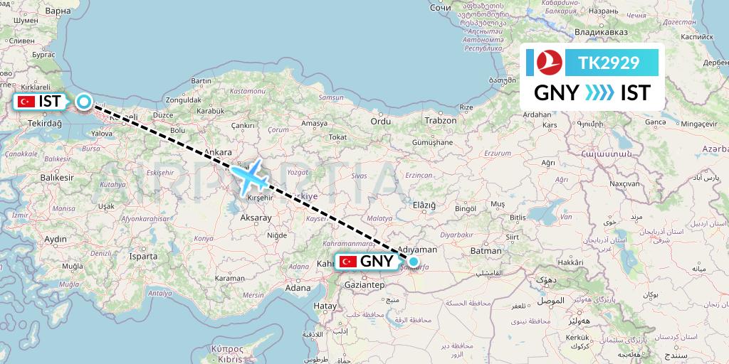 TK2929 Turkish Airlines Flight Map: Sanliurfa to Istanbul