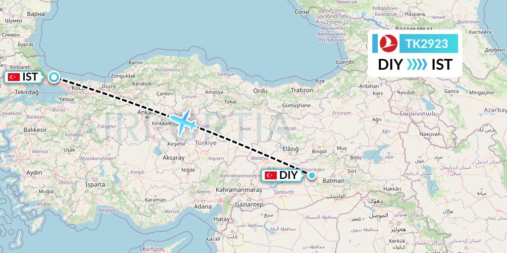 TK2923 Turkish Airlines Flight Map: Diyarbakir to Istanbul