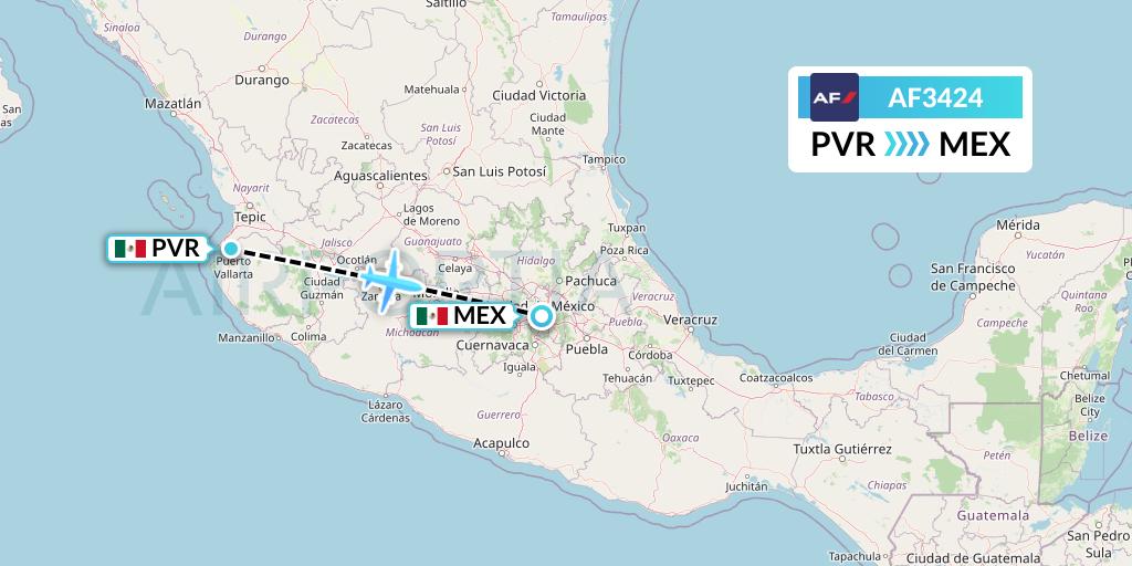 AF3424 Air France Flight Map: Puerto Vallarta to Mexico City