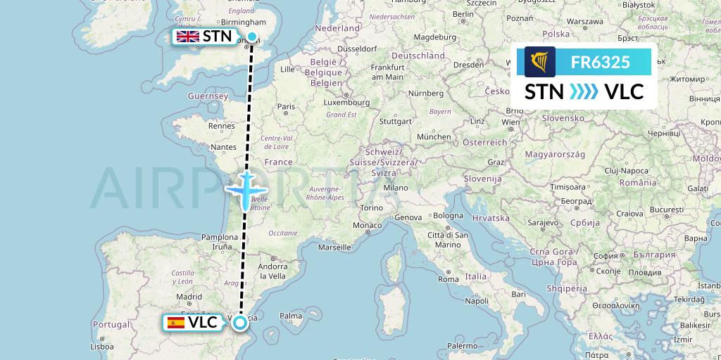 FR6325 Ryanair Flight Map: London to Valencia