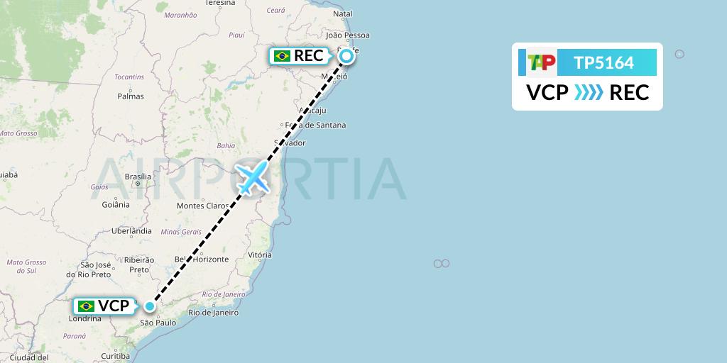 TP5164 TAP Portugal Flight Map: Campinas to Recife