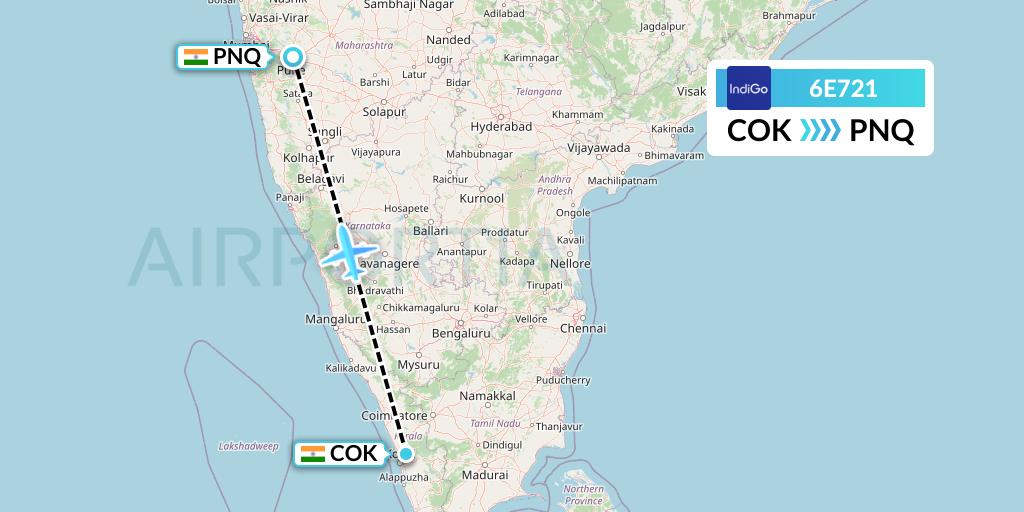 6E721 IndiGo Airlines Flight Map: Cochin to Pune
