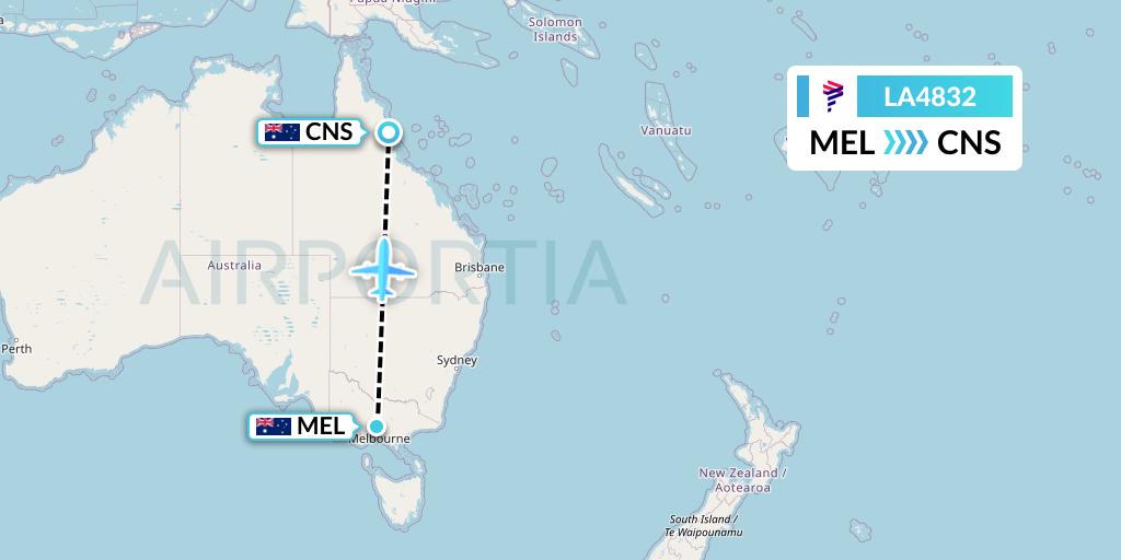 LA4832 LAN Airlines Flight Map: Melbourne to Cairns