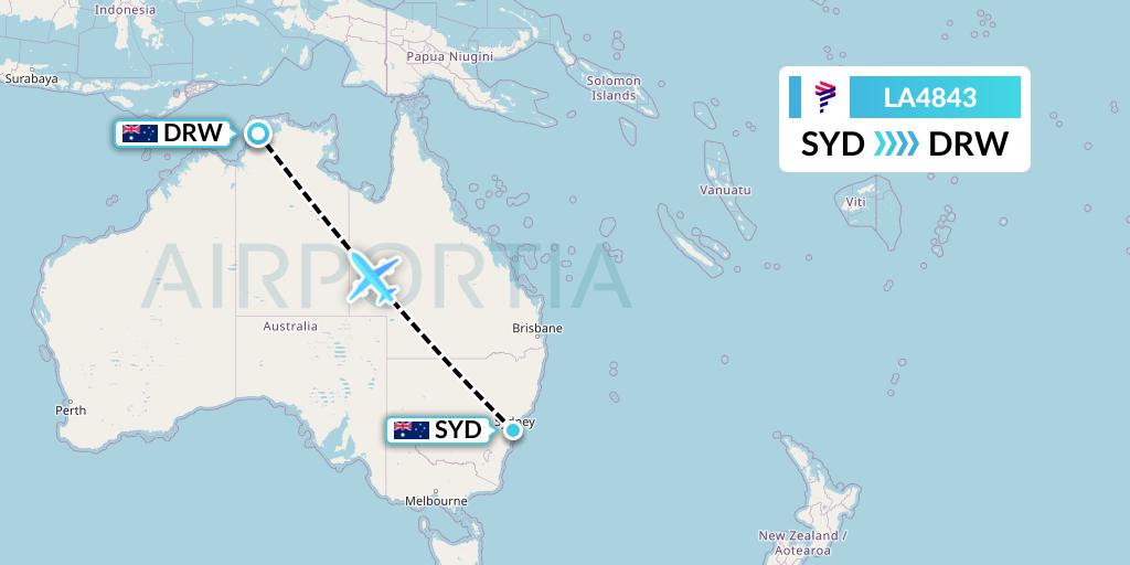 LA4843 LAN Airlines Flight Map: Sydney to Darwin