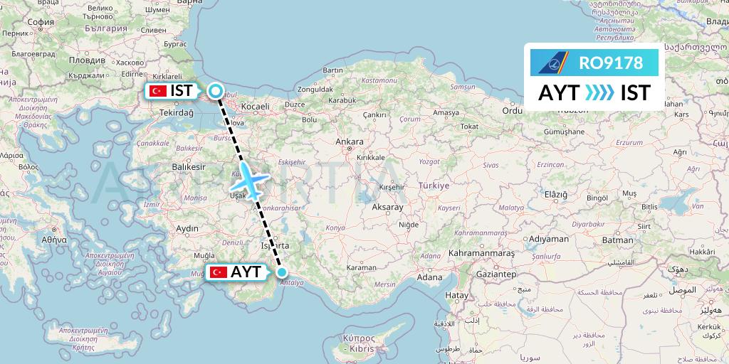 RO9178 Tarom Flight Map: Antalya to Istanbul