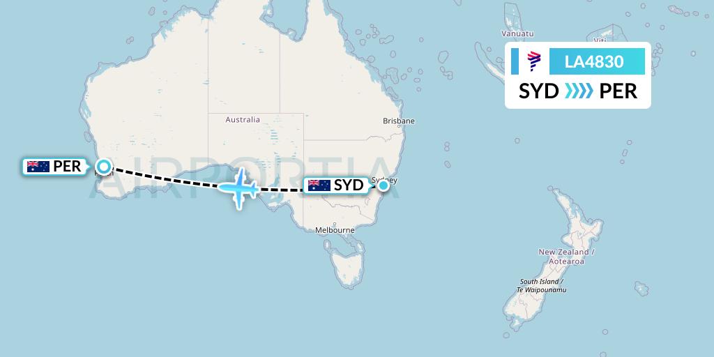 LA4830 LAN Airlines Flight Map: Sydney to Perth