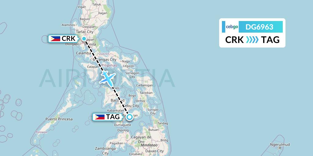 DG6963 Cebgo Flight Map: Angeles City to Tagbilaran City
