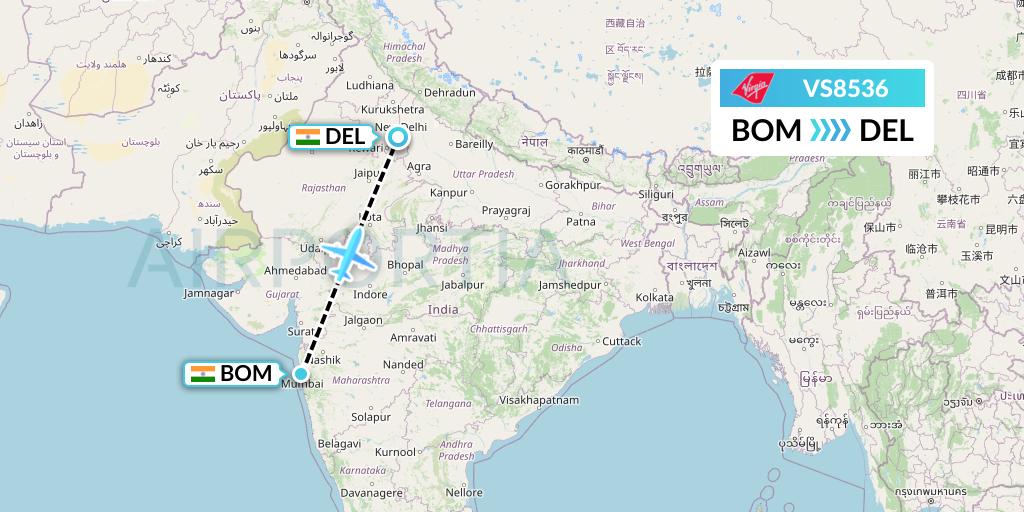 VS8536 Virgin Atlantic Airways Flight Map: Mumbai to Delhi