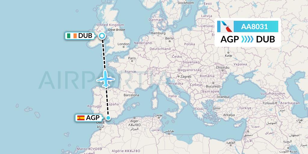 AA8031 American Airlines Flight Map: Malaga to Dublin