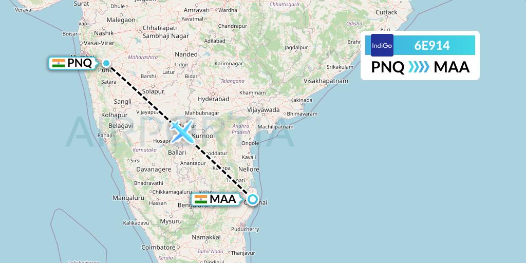 6E914 IndiGo Airlines Flight Map: Pune to Chennai