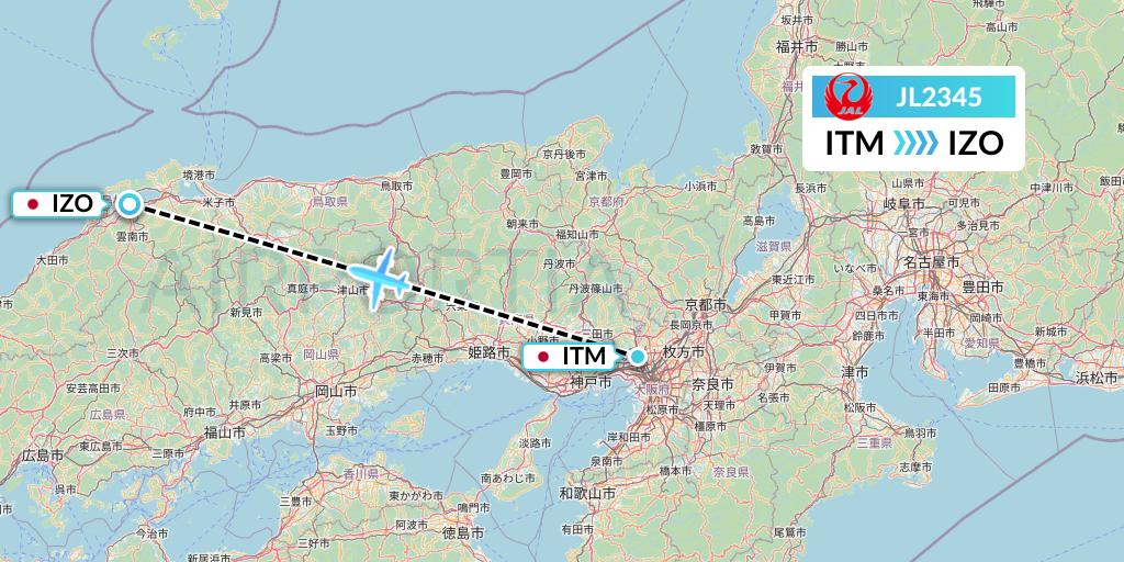 JL2345 Japan Airlines Flight Map: Osaka to Izumo