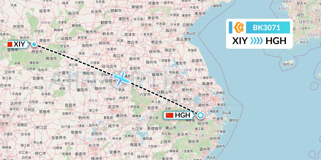 BK3071 Okay Airways Flight Map: Xi'an to Hangzhou