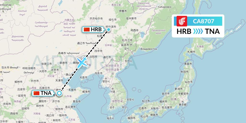 CA8707 Air China Flight Map: Harbin to Jinan
