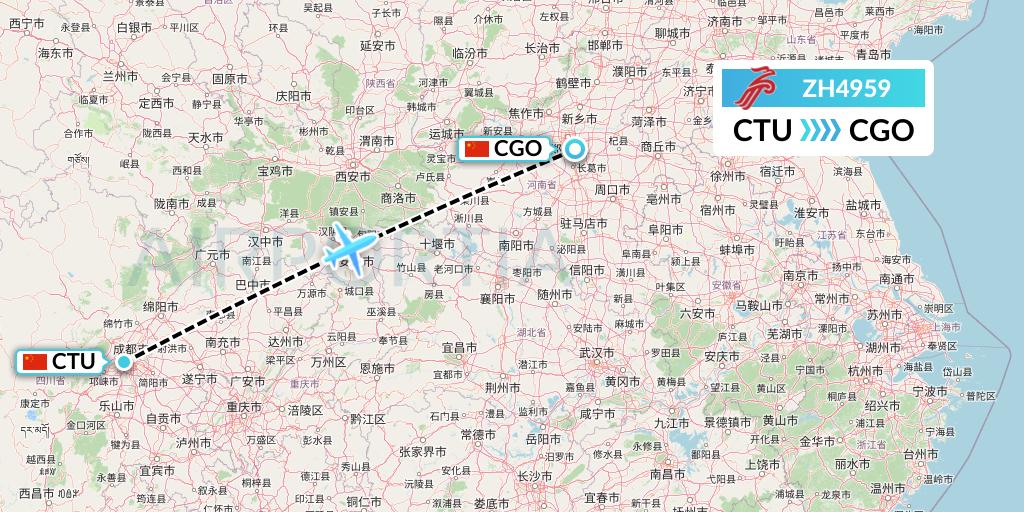 ZH4959 Shenzhen Airlines Flight Map: Chengdu to Zhengzhou