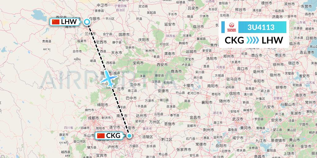 3U4113 Sichuan Airlines Flight Map: Chongqing to Lanzhou