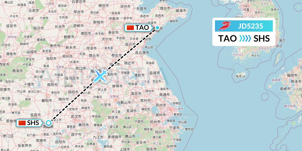JD5235 Capital Airlines Flight Map: Qingdao to Shashi