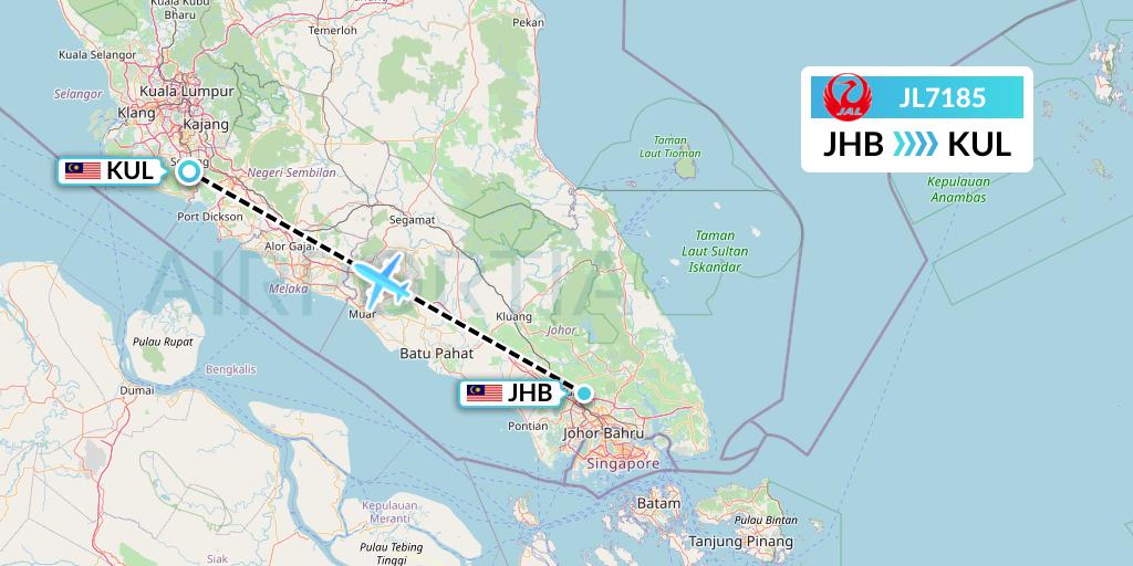 JL7185 Japan Airlines Flight Map: Johor Bahru to Kuala Lumpur