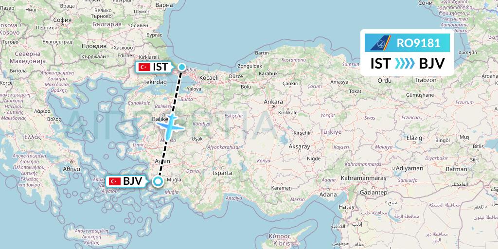 RO9181 Tarom Flight Map: Istanbul to Bodrum