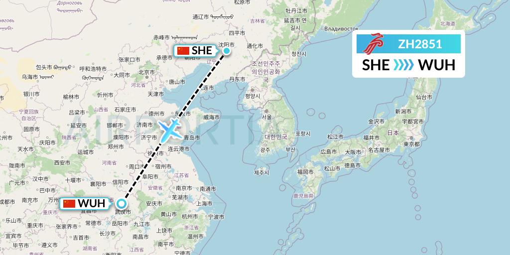 ZH2851 Shenzhen Airlines Flight Map: Shenyang to Wuhan