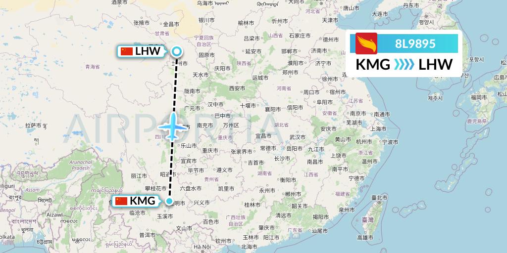 8L9895 Lucky Air Flight Map: Kunming to Lanzhou