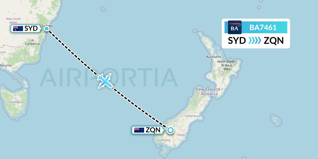 BA7461 British Airways Flight Map: Sydney to Queenstown
