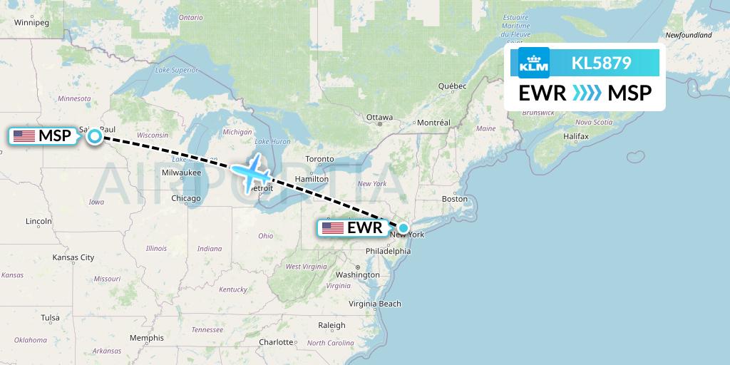 KL5879 KLM Flight Map: New York to Minneapolis