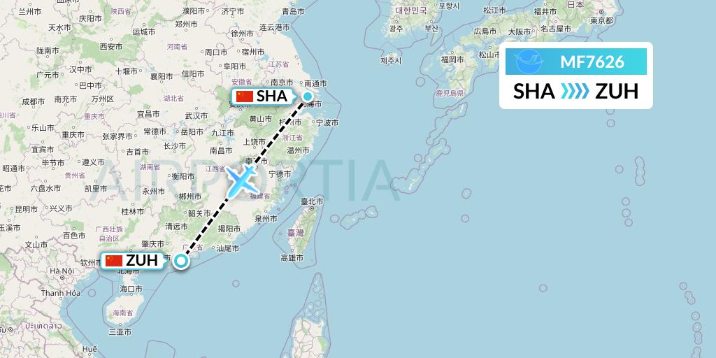 MF7626 Xiamen Airlines Flight Map: Shanghai to Zhuhai