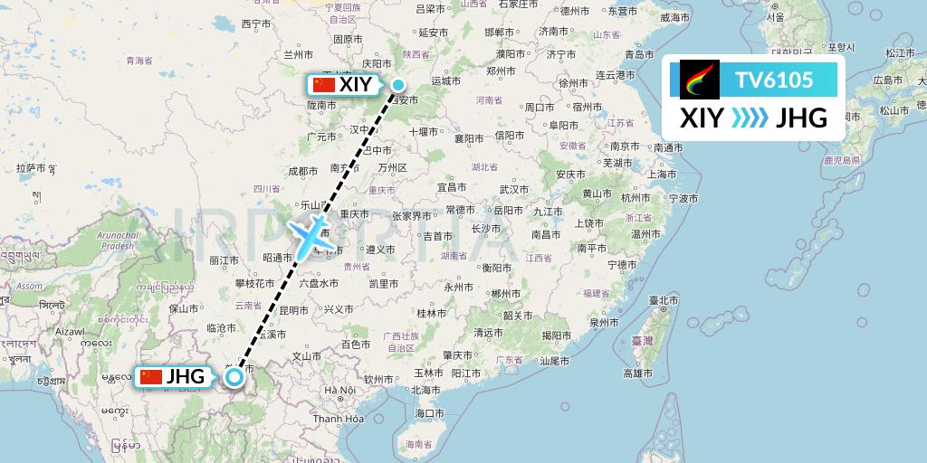 TV6105 Tibet Airlines Flight Map: Xi'an to Jinghong