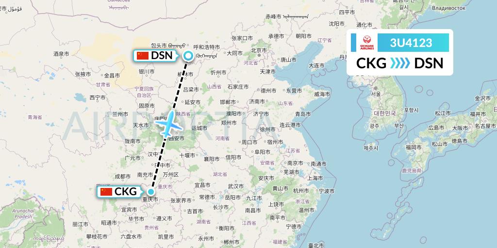3U4123 Sichuan Airlines Flight Map: Chongqing to Dongsheng