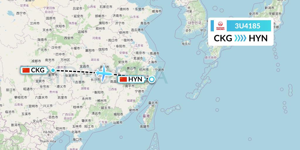 3U4185 Sichuan Airlines Flight Map: Chongqing to Huangyan