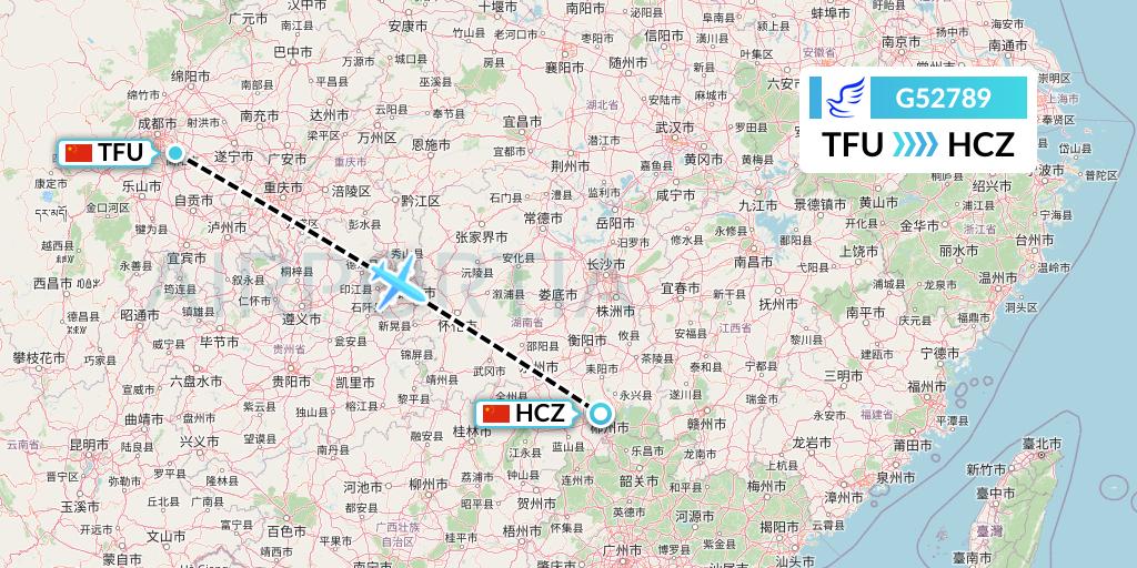G52789 China Express Airlines Flight Map: Chengdu to Shaoguan