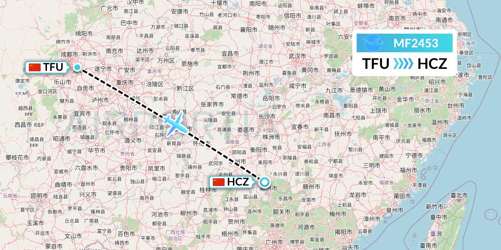 MF2453 Xiamen Airlines Flight Map: Chengdu to Shaoguan