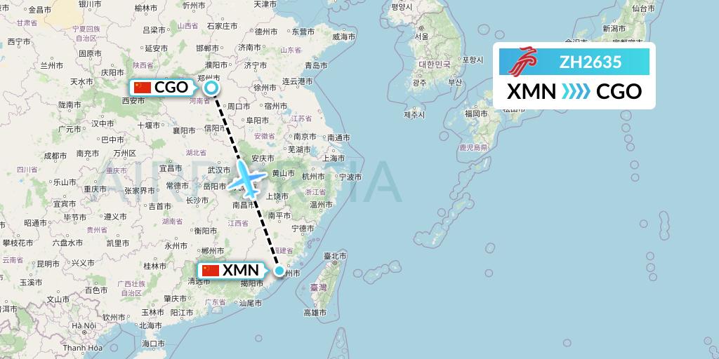 ZH2635 Shenzhen Airlines Flight Map: Xiamen to Zhengzhou