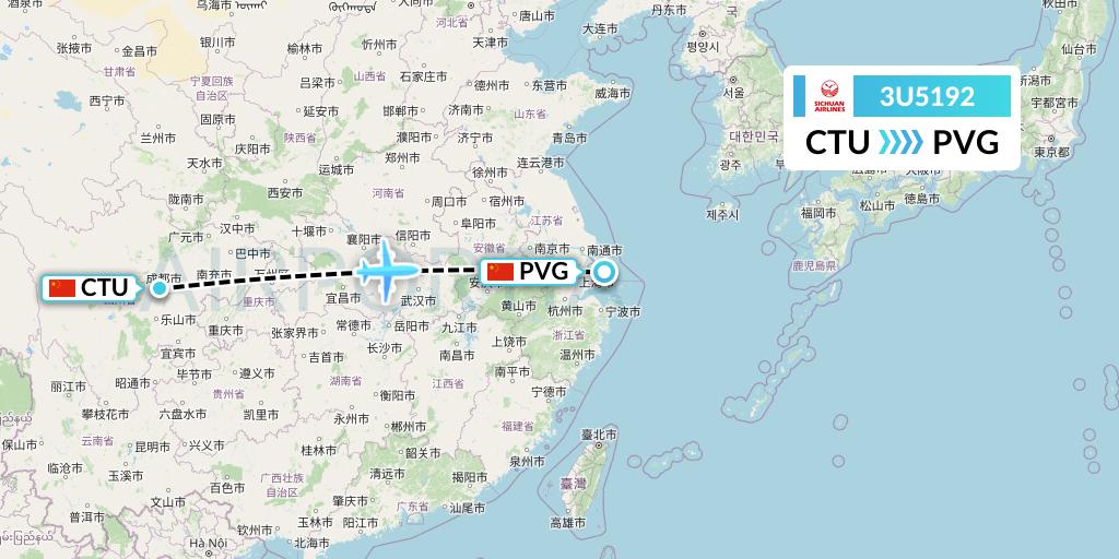 3U5192 Sichuan Airlines Flight Map: Chengdu to Shanghai