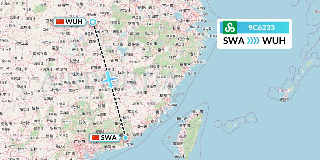 9C6233 Spring Airlines Flight Map: Jieyang to Wuhan