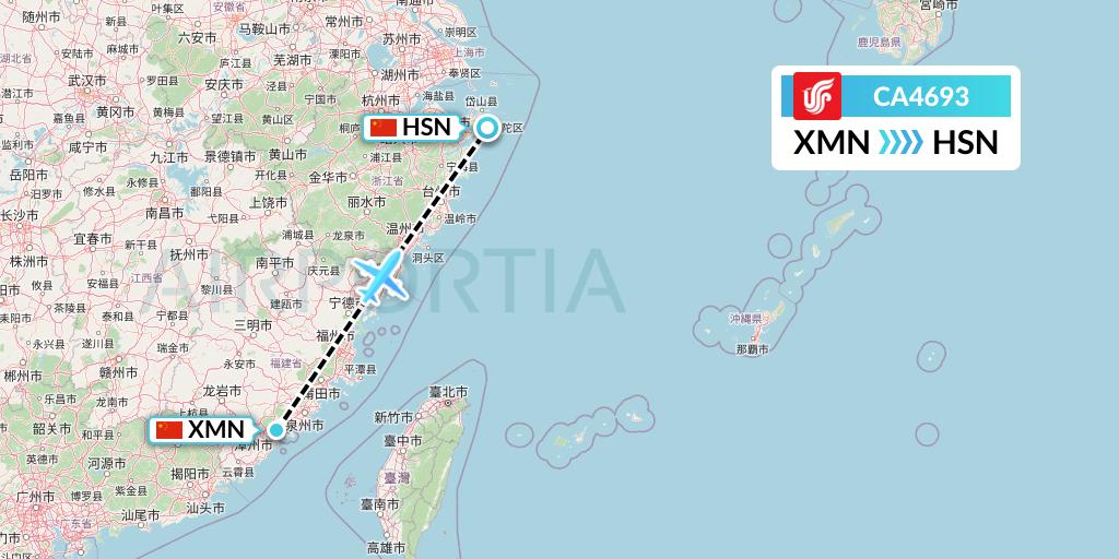 CA4693 Air China Flight Map: Xiamen to Zhoushan