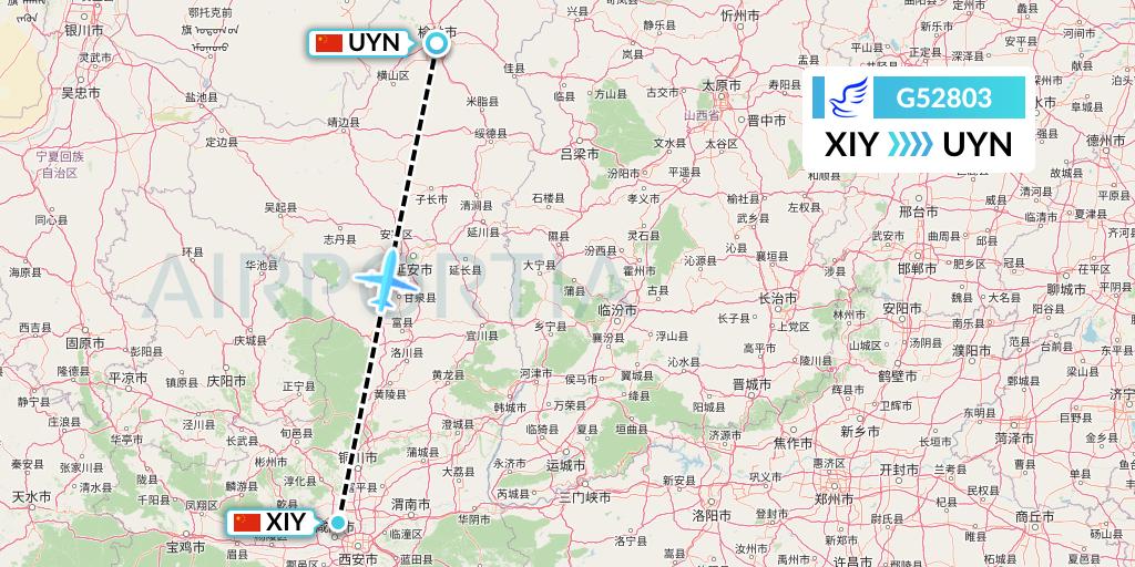 G52803 China Express Airlines Flight Map: Xi'an to Yulin